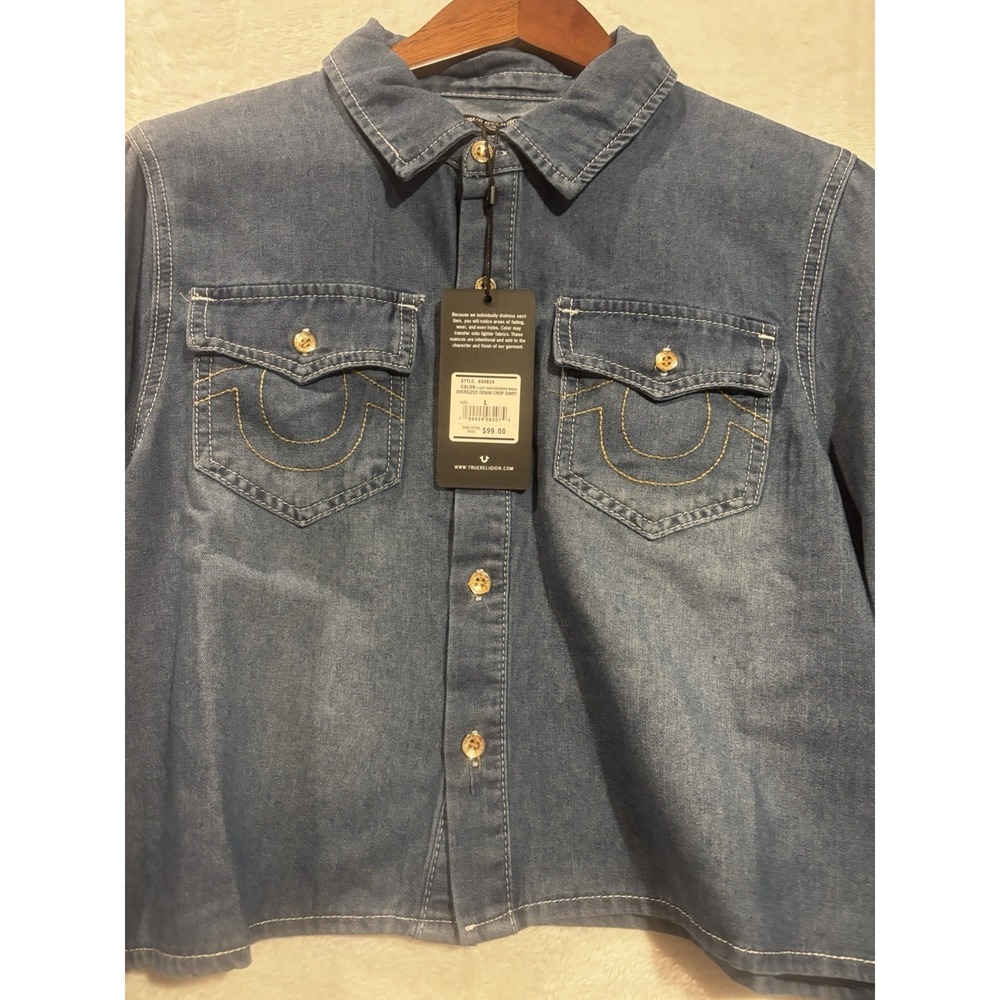 NWT True Religion Crop Western Shirt Women's Large Denim Button Long Sleeve